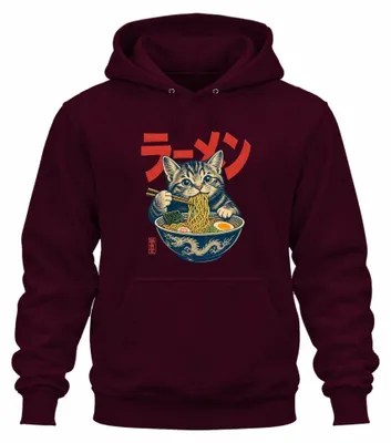 Imagen del producto de Sudadera con capucha estilo "Ramen Katze", diseño japonés "kawaii", anime, Japón, estilo Y2K, manga, para fanáticos ("otaku"), color burdeos, talla L