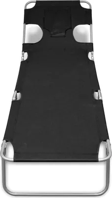 A black folding lounge chair with a metal frame, viewed from above.