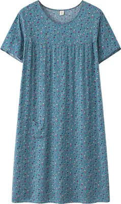Produktbild von Damen Sommer Nachthemd Blumendruck Rundhalsausschnitt Kurze Ärmel Plissee Lose Dünner Pullover Mutter Homewear Nachthemd Nachtwäsche Mittleren Alters Weibliches Nachthemd