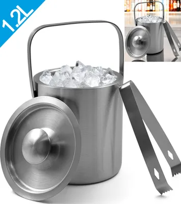 A stainless steel ice bucket with a lid and tongs, filled with ice, is displayed on a white background. A blue and white overlay with '1.2L' is present in the top left corner. A smaller inset image shows the ice bucket in a bar-like setting.