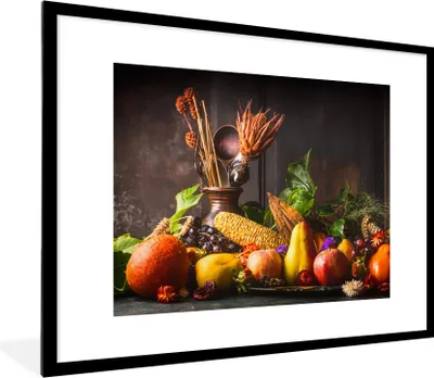 Produktbild von MuchoWow® Gerahmtes Poster Gemüse - Obst - Rustikal - Tisch 80x60 cm - Poster mit Schwarzem Bilderrahmen Wandposter Rahmen Foto Bilder - Schlafzimmer-Dekorationen - Fotoposter