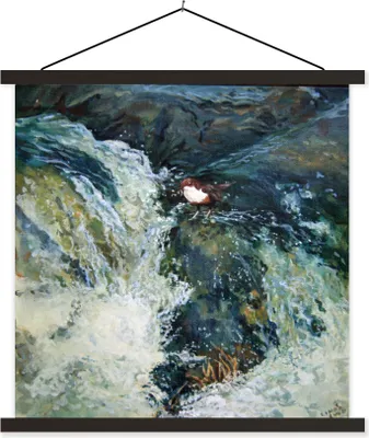 Produktbild von MuchoWow® Textilposter Ölgemälde Der Vogel und der Wasserfall 40x40 cm mit schwarzem Rahmen - Fotos