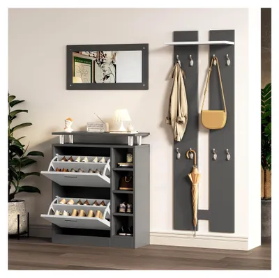 Produktbild von Wandgarderoben-Set mit Spiegel, 2 Wandpaneelen, Regalwand und Schuhschrank (80x25x96,5 cm) - Flurmöbel-Set in Anthrazitgrau Matt
