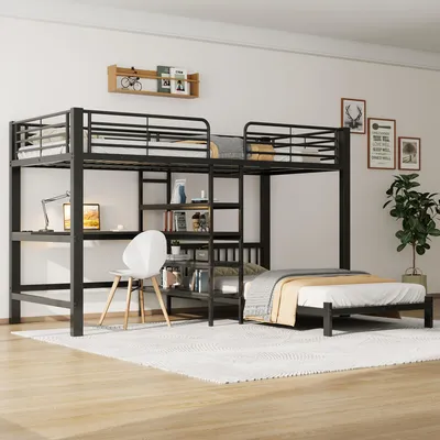 Immagine prodotto di Letto a castello okwish 90x200 con scrivania, letto a castello con porta USB e Type-C, letto per ragazzi nero, senza materasso
