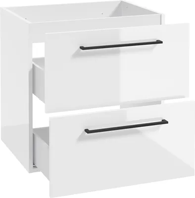 Produktbild von Waschtischunterschrank mit Metallgriffen in schwarz, 60 cm breit mit 2 Schubkästen, in weiß Hochglanz lackiert MESSINA-107, B/H/T: ca. 60/60/40 cm