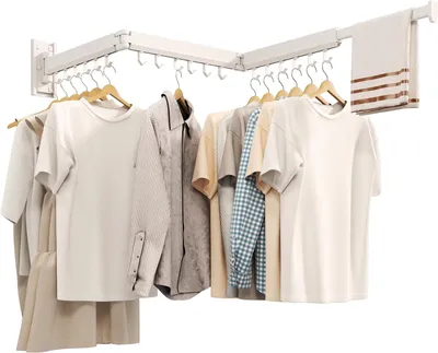 Obrázek produktu pro Skládací nástěnná sušák na prádlo z hliníku, výsuvný, s bílými háčky