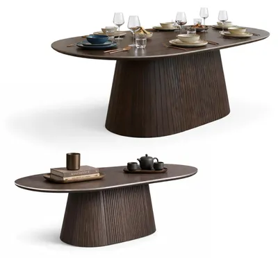 Produktbild von HOOZ® Couchtisch & Esstisch Set oval modern – Keramikplatte – Sofatisch 130x70cm & Esstisch 180x90cm für 6–8 Personen – Säulenfuß – pflegeleicht Braun