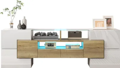 Image de Sweiko Meuble TV élégant, lowboard. blanc brillant, 145 cm, éclairage LED, meuble de salon. design moderne. surface en verre élégante.