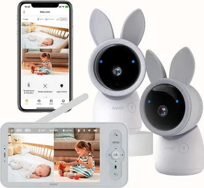 A collage of images showing a baby monitor kit, including two cameras, a parent unit, and a smartphone app interface.