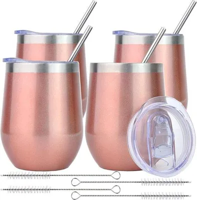 Image de Lot de 4 verres à vin en acier inoxydable, verre à vin de voyage, cadeau de Noël pour femme, coffret cadeau avec couvercle, pour café/champagne/cocktails/boissons chaudes, 35 cl, couleur or rose x 4
