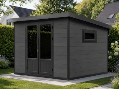 Produktbild von Linholm WPC Gartenhaus Lignum 2924, inkl. Dachrinnen-Set, 2-farbig Dunkelgrau/Anthrazit