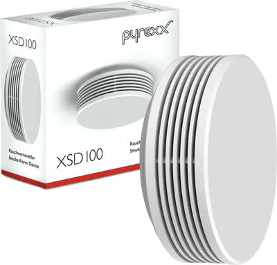 A product shot of a smoke alarm and its packaging.