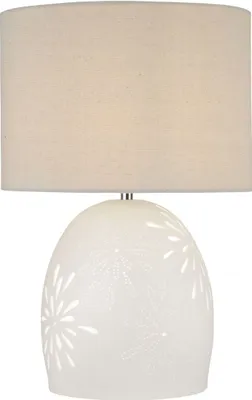 Produktbild von Tischleuchte Stoff Keramik E27 Ø 32 cm rund 49 cm hoch Weiß Beige Klassisch Keramiklampe