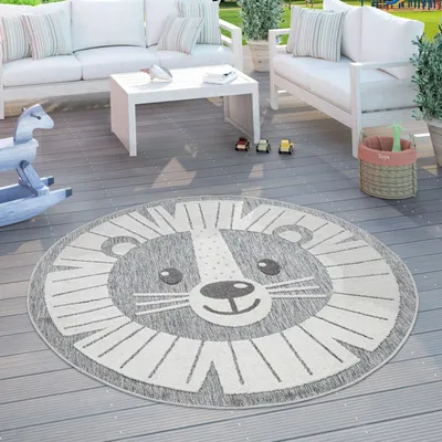 Produktbild von Kinderteppich Kinderzimmer Outdoorteppich Rund Spielteppich 3D Effekt Löwe Grau Grösse Ø 160 cm Rund