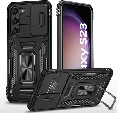 Produktbild von Galaxy S23 Hülle, Schiebe Kamera Schutz und Ringhalter Ständer Dual Layer Stoßfest Schutzhülle für Samsung Galaxy S23