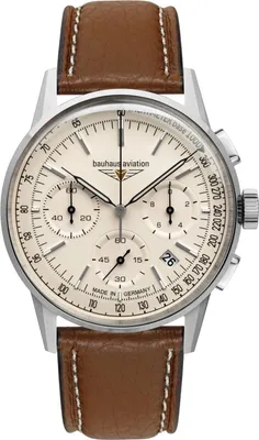 A close-up studio shot of a Bauhaus Aviation chronograph watch with a cream dial and brown leather strap.
