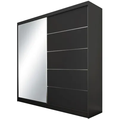 A black wardrobe with a mirrored door and silver accents, shown from a three-quarter angle against a white background.