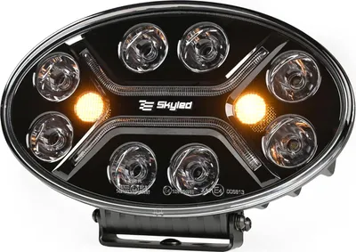 Produktbild von SKYLED Jumbo Ovum Flash FULL LED Fernscheinwerfer mit R65 Blitzfunktion & Lichtbalken Optik, 82W Kompakt Zusatzscheinwerfer 12V 24V, Positionslicht Weiß/Orange, E- ECE R149 R148 R65, Ref. 37,5