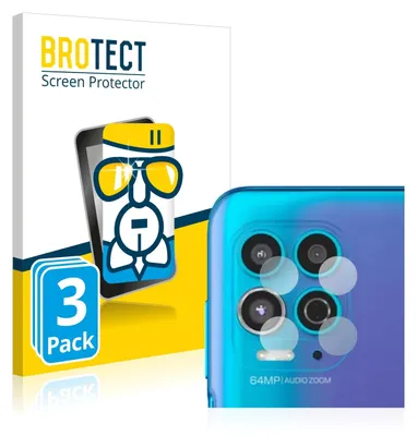 A product shot of a screen protector packaging and a close-up of a phone's camera module with screen protectors applied.
