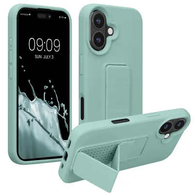 Produktbild von kwmobile Handyhülle für Apple iPhone 16 Hülle - TPU Silikon Case mit Fingerhalter und Stand - Schutzhülle Cover in Mintgrün