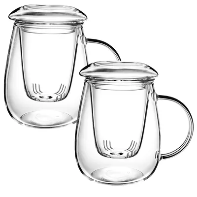Obrázek produktu pro sada 2 skleněných šálků se sítkem na čaj a víčkem 550 ml - borosilikátové sklo, žáruvzdorné, moderní