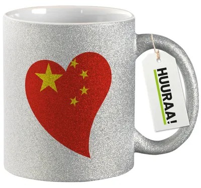 Produktbild von Huuraa Glitzertasse China Flagge Herz 330ml Silber Keramik Kaffeebecher Geschenkidee