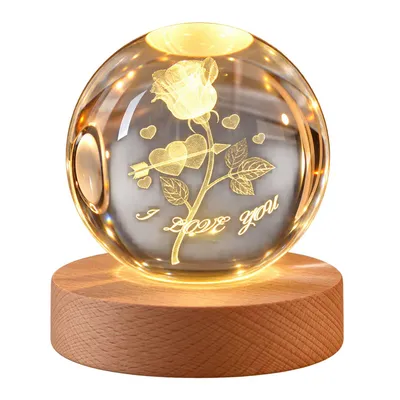 Produktbild von 3D Kristallkugel Nachtlicht Holzsockel Kugellampe Glaskugel mit LED Kristallkugel Lampe Warmes Licht Weihnachtsdeko
