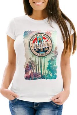 Produktbild von Damen T-Shirt California Beach Sunset Palmen Retro Slim Fit Neverless® weiß L