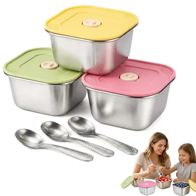 Eisbehälter Set 3er Edelstahl mit Deckel & Löffeln 400 ml