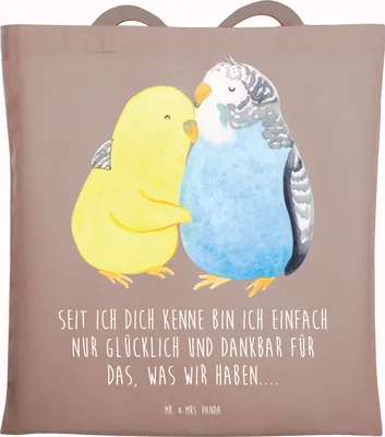 Produktbild von Mr. & Mrs. Panda Tote Bag Wellensittich Liebe - Braun Pastell - Geschenk, Tasche, Schultasche, Freundin, Kuscheln, Unitasche, Shopping, Umarmung, Laptoptasche, Verknallt