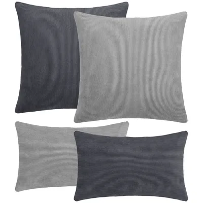 Produktbild von Selfitex 4er Set Cord Kissen inkl. Füllkissen, weich und dekorativ, Couchkissen mit Cord Optik, Größe: 2x 50x50 + 2x 30x50, Farbe: Hell-/Dunkelgrau