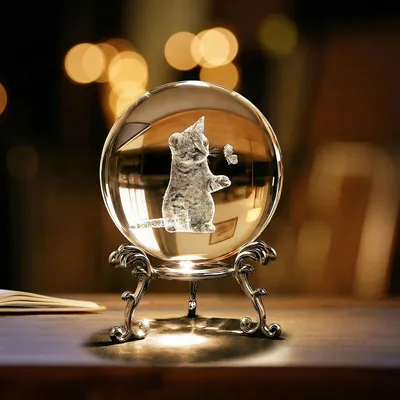 3D Kat Kristallkugel mit Ständer, 60mm, Katzen-Deko, Geschenk