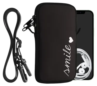 Produktbild von kwmobile Handytasche für Smartphones L - 6,5" - Neopren Handy Hülle Weiß Schwarz - Handy Tasche mit Kette 16,5 x 8,9 cm Innenmaße - Smile Herz