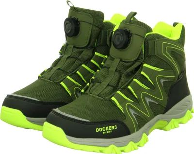A pair of green hiking boots with neon green accents and a black sole.