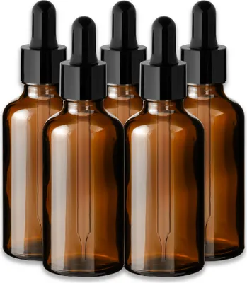 Produktbild von 5x Braune Glasflasche 50 ml mit schwarzer Pipette leer zum Befüllen
