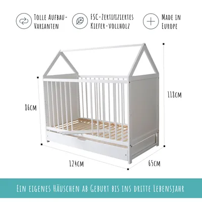 Produktbild von Babybett Beistellbett Kinderbett und Hausbett in einem - 120x60 weiß mit Schublade und Matratze, höhenverstellbar und umbaubar