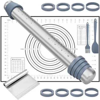Produktbild von PromoHome® Verstellbare Teigrolle Set mit Messmatte und Zubehör – Professionelles Backzubehör, 9-teilig, Silikon, Grau