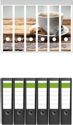 Produktbild von Wallario 6 Stück breite Ordner inkl. Klebeetiketten mit Motive Heiße Tasse Kaffee mit Kaffeebohnen -  Set mit Rückenschildern / Ordnerrücken Stickern