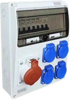 Produktbild von RoadEu Stromverteiler Wandverteiler. CEE Steckdose 32A mit 4x Schuko 230V. Steckdosenverteiler mit Leitungsschutzschalter 32A und 16A