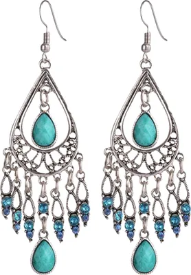 Produktbild von 1 Paar Damen-Hakenohrringe im Vintage-Ethno-Stil, übertriebene Aushöhlung, Strass, Wassertropfenform, böhmische Ohrdekoration, Schmuck, Urlaubsohrringe, Hängeohrringe