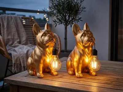 Produktbild von 2er Set LED Deko Solarleuchten für den Garten Hundelampen Gold, Höhe 24,5cm