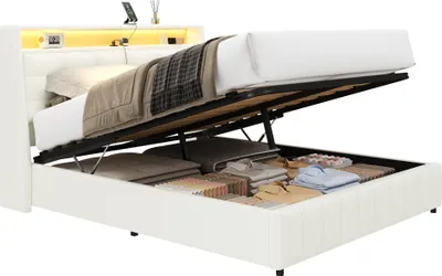 Produktbild von Polsterbett mit LED-Streifen, Stauraum, USB, Lattenrost und gepolstertem Kopfteil, 160x200cm, Doppelbett, Stauraumbett, Kunstleder