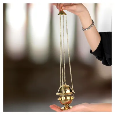 Produktbild von Weihrauchschwenker und Weihrauchfass in Gold – Handgefertigt aus poliertem Messing mit 33 cm Kette, 8 x 6,5 cm – Räuchergefäß für Kirche, Rituale, Meditation und Zuhause