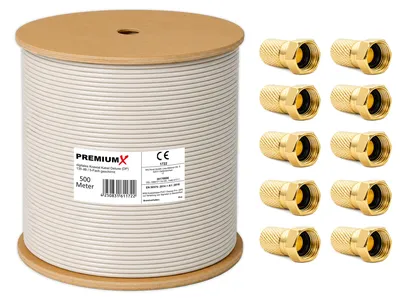 Produktbild von PremiumX 500m Deluxe Pro Koaxialkabel 135 dB 5-fach geschirmt Reines Kupfer Antennenkabel mit 10x F-Stecker