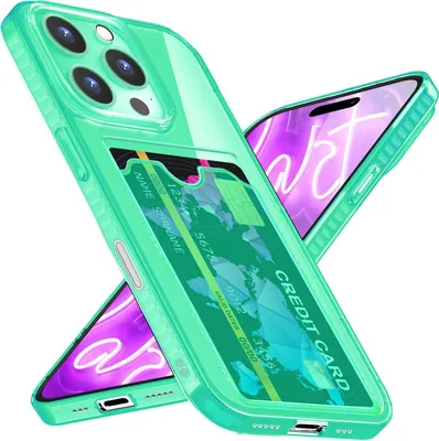 Produktbild von NALIA Neon Silikonhülle für iPhone 16 Pro Max – Kartenfach & Knallige Signal-Farbe – CARDPOP (Anti-Shock Handyhülle) – Marke aus Berlin – Türkis