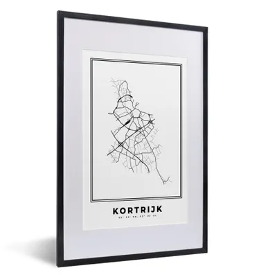 Produktbild von MuchoWow® Gerahmtes Poster Stadtplan - Schwarz und weiß - Karte - Kortrijk - Belgien - Karte 40x60 cm - Poster mit Schwarzem Bilderrahmen Wandposter Rahmen Foto Bilder - Poster in Rahmen