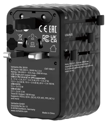 Immagine prodotto di Adattatore universale Verbatim Charge'n' Travel da 100 W con