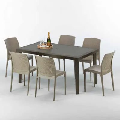 Produktbild von Polyrattan Tisch Rechteckig mit 6 Bunten Stühlen 150x90 Braun Focus