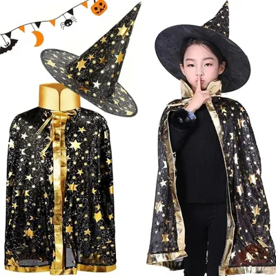 Produktbild von Zauberer Kostüm Hexer Verkleidung Halloween Umhang Hut Set Uni Einheitsgröße Schwarz