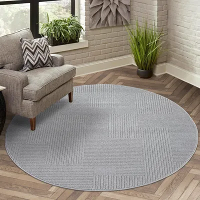 Produktbild von Teppich Kurzflor Wohnzimmer - Grau - 200 cm Rund -  Geometrisch, Gestreift - 3D-Effekt